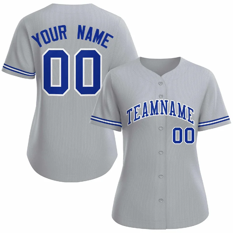 Baseball jersey with contrast trims and piping for style-Custom Gray Royal White Classic Style Baseball Jersey for Women