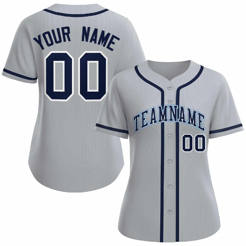 Team baseball jerseys with embroidered logos and lettering-Custom Gray Navy White Classic Style Baseball Jersey for Women