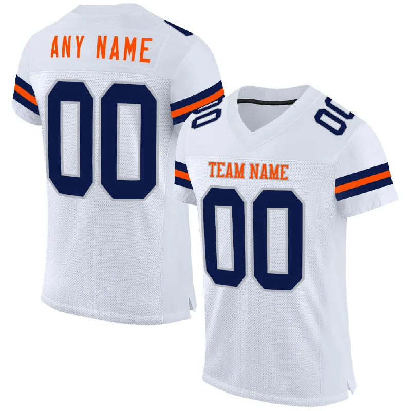 Custom soccer jersey with side mesh panels for breathability-Custom White Navy Gray-Orange Mesh Authentic Football Jersey