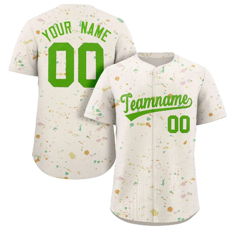 Custom team baseball jerseys with sponsor logos-Custom Cream Neon Green Splash Graffiti Pattern Authentic Baseball Jersey