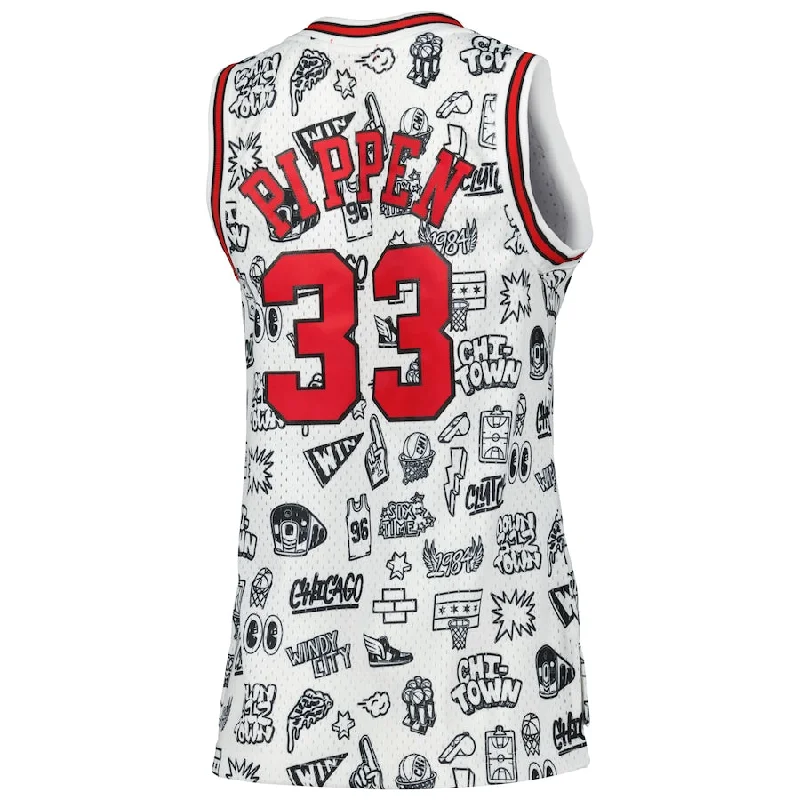 Custom basketball jersey with full-button design for classic style-C.Bulls #33 Scottie Pippen Mitchell & Ness 1997 Doodle Swingman Jersey White Stitched American Basketball Jersey