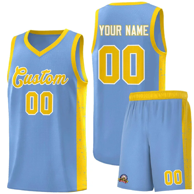 Basketball jersey for school and college teams-Custom Light Blue Gold-White Side Splash Sports Uniform Basketball Jersey