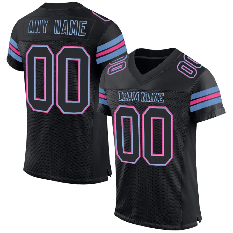 Personalized soccer jersey with team slogan-Custom Black Light Blue-Pink Mesh Authentic Football Jersey