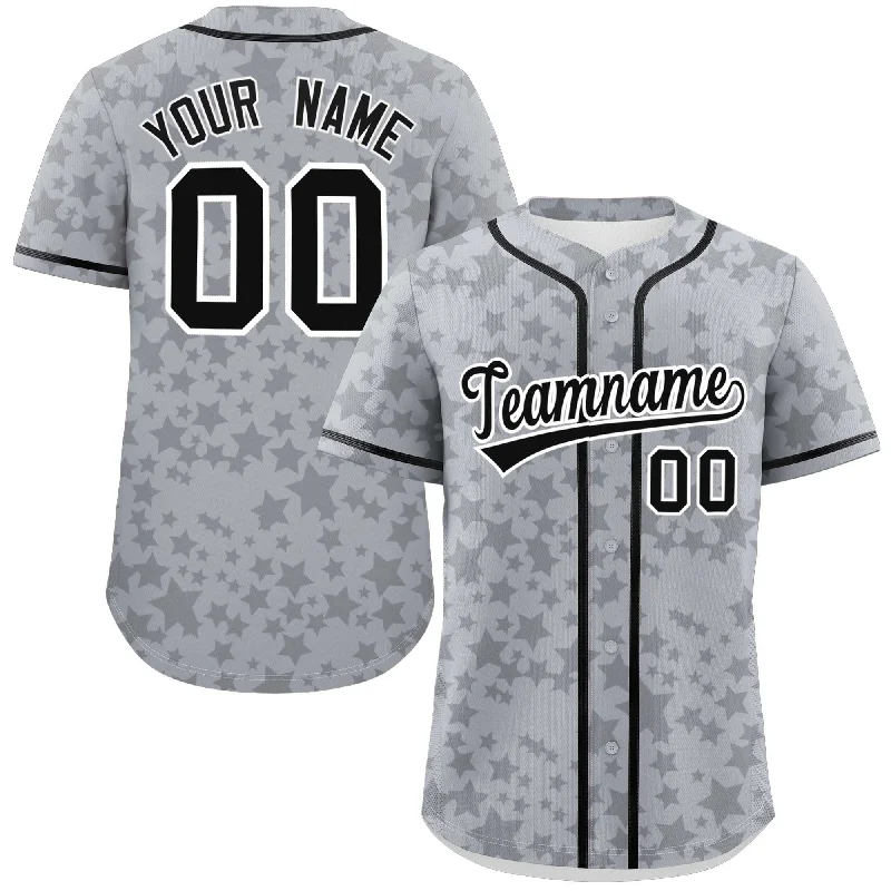 Custom baseball jersey with embroidered patches-Custom Gray Black Personalized Star Graffiti Pattern Authentic Baseball Jersey