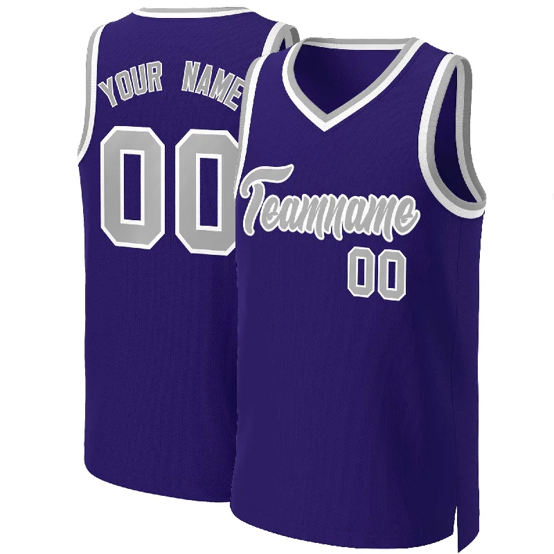 Basketball jersey with deep neck design for ventilation-Custom Purple Gray-White Classic Tops Basketball Jersey