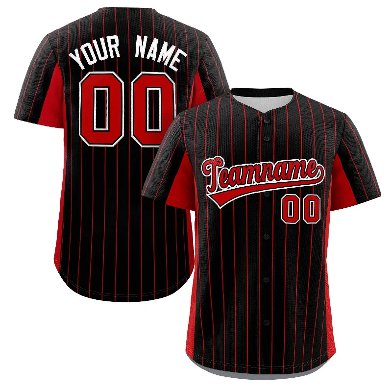 Baseball jersey with contrast stitching and piping-Custom Black Red Stripe Fashion Design Full Button Authentic Baseball Jersey