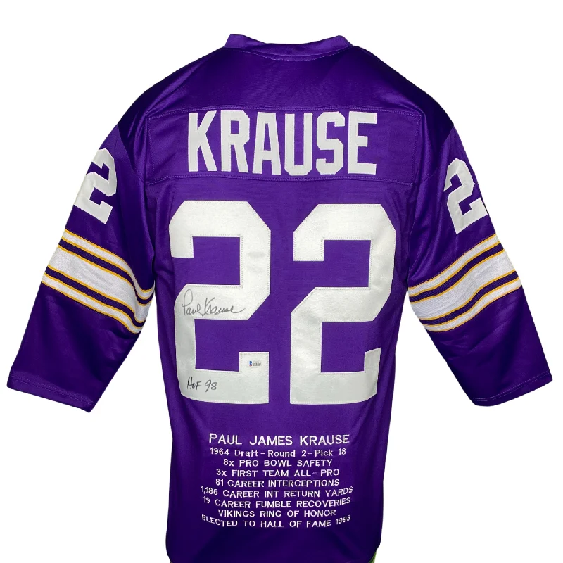 Custom soccer jersey with signature color themes-Paul Krause Autographed Custom Purple Football Jersey w/ Stats & HOF 98