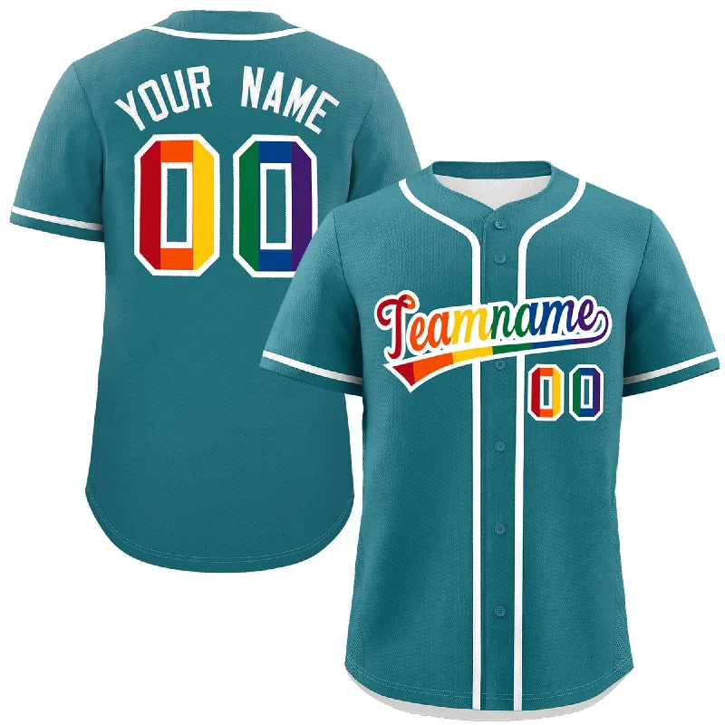 Personalized baseball jersey with unique collar styles-Custom Aqua LGBT Rainbow For Pride Month Classic Style Authentic Baseball Jersey