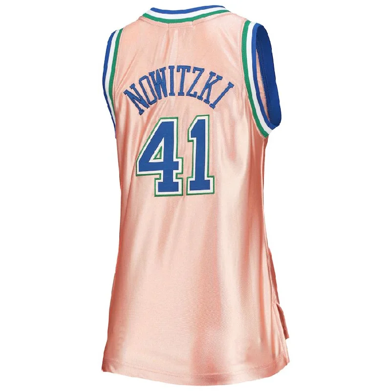 Custom basketball jersey for fan clubs and supporters-D.Mavericks #41 Dirk Nowitzki Mitchell & Ness 75th Anniversary Rose Gold 1998 Swingman Jersey Pink Stitched American Basketball Jersey