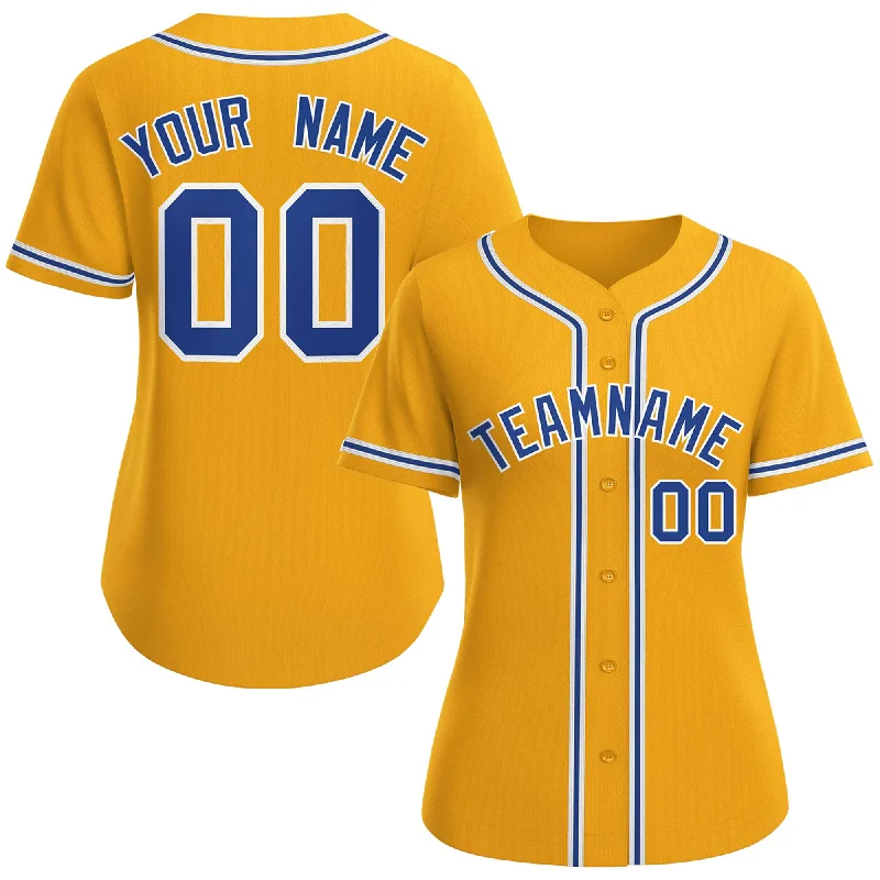 Custom baseball jersey with sponsor logos and patches-Custom Gold Royal-White Classic Style Baseball Jersey For Women