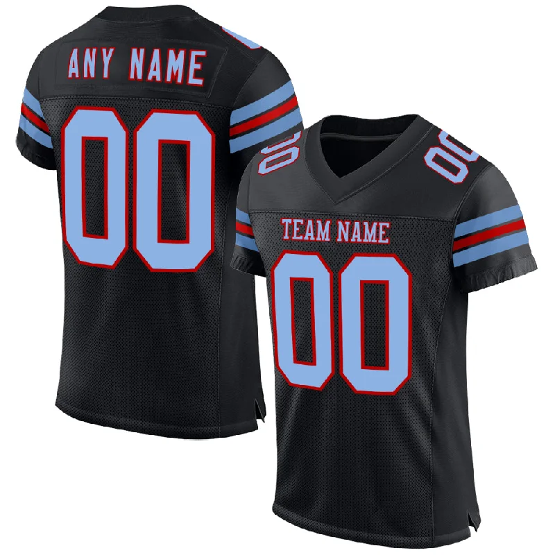 Custom soccer jersey with heat-sealed logos-Custom Black Light Blue-Red Mesh Authentic Football Jersey