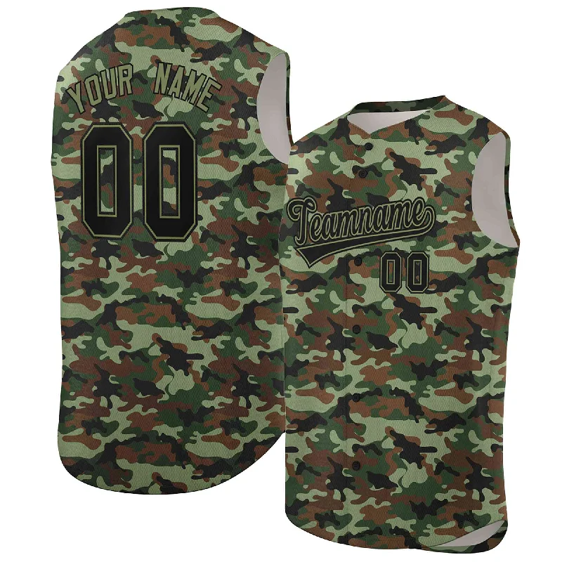 Custom baseball jersey with sponsor logos and patches-Custom Brown Green-Black Camo Fashion Authentic Sleeveless Baseball Jersey