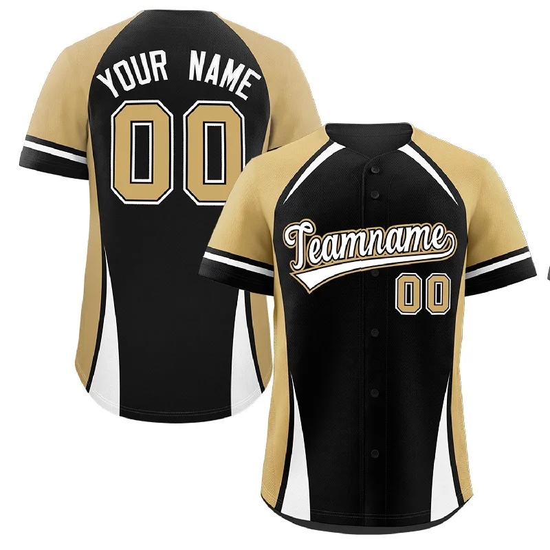 Personalized baseball jersey for school sports days-Custom Black Old Gold-White Personalized Color Block Authentic Baseball Jersey