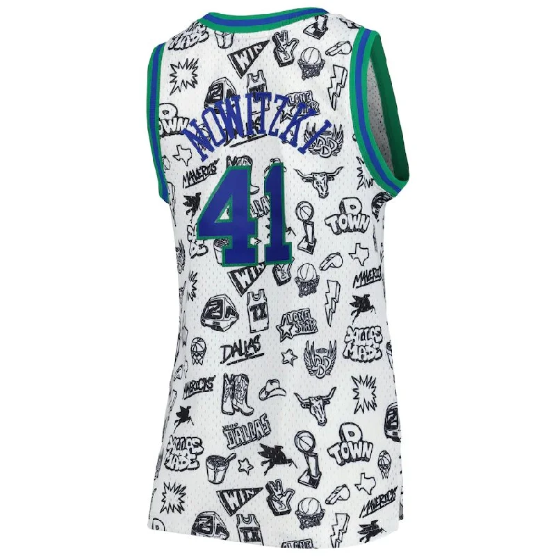 Basketball jersey with zippered collar for comfort-D.Mavericks #41 Dirk Nowitzki Mitchell & Ness Women's 1998 Doodle Swingman Jersey White Stitched American Basketball Jersey