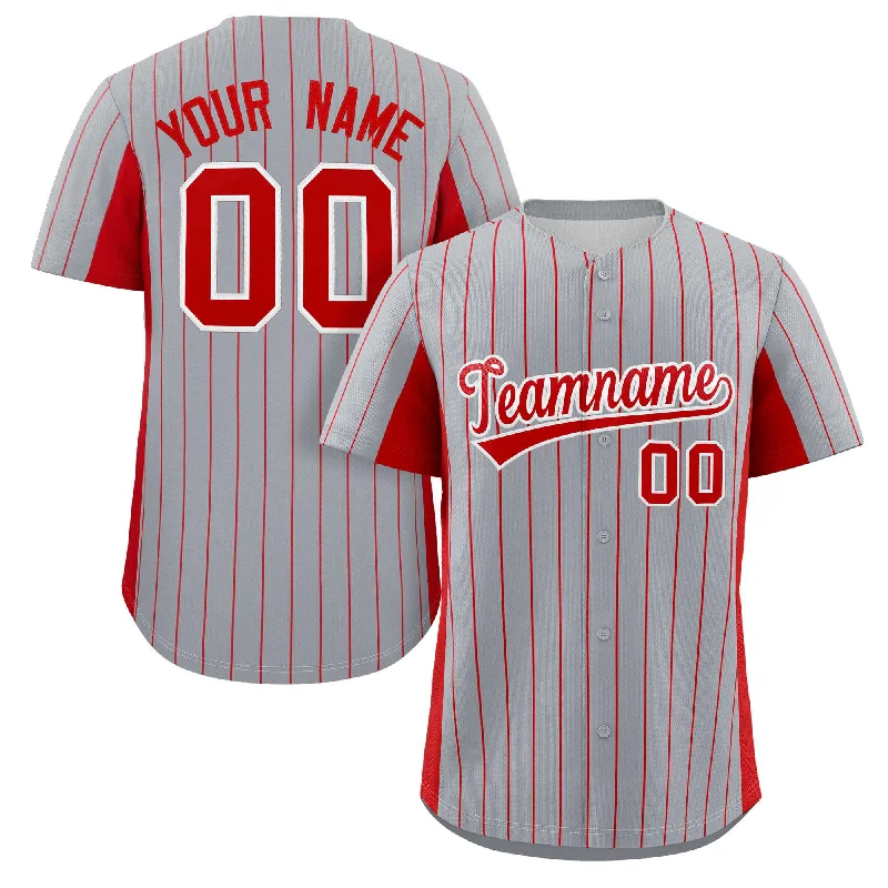 Baseball jersey with vibrant colors for game day-Custom Gray Red Stripe Fashion Design Full Button Authentic Baseball Jersey