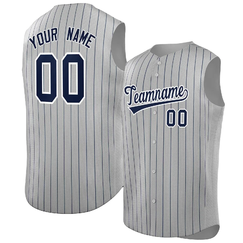 Baseball jersey with vibrant colors for game day-Custom Gray Navy-White Sleeveless Stripe Fashion Baseball Jersey