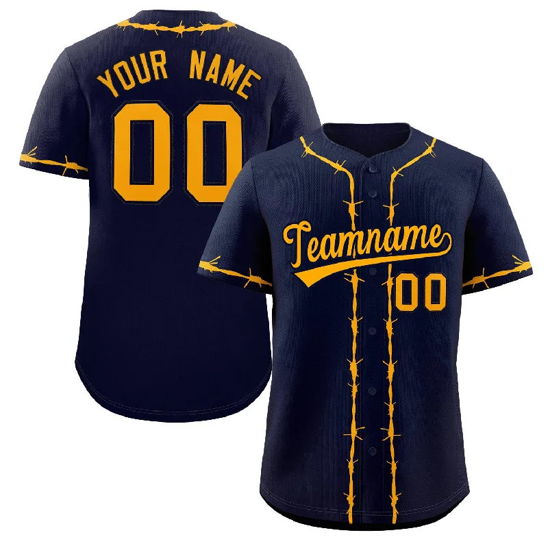 Personalized baseball jersey for sports clubs-Custom Navy Yellow Thorns Ribbed Classic Style Authentic Baseball Jersey