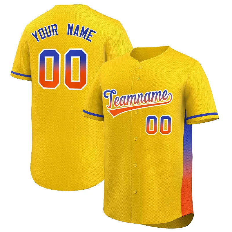 Baseball jersey with breathable mesh fabric-Custom Gold Royal-Orange Personalized Gradient Font And Side Design Authentic Baseball Jersey