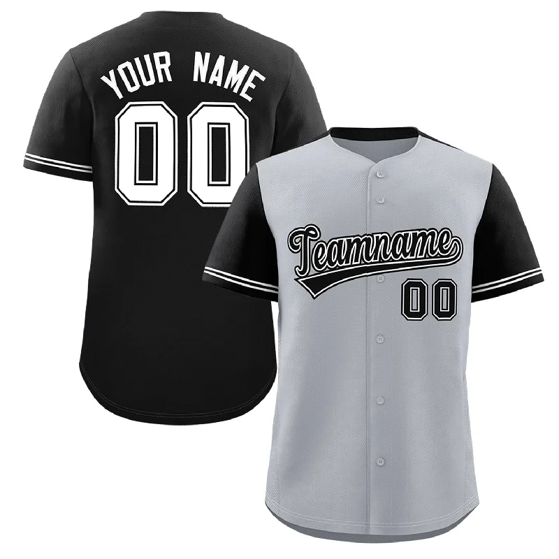 Custom baseball jersey for college baseball teams-Custom Gray Black Color Block Personalized Raglan Sleeves Authentic Baseball Jersey