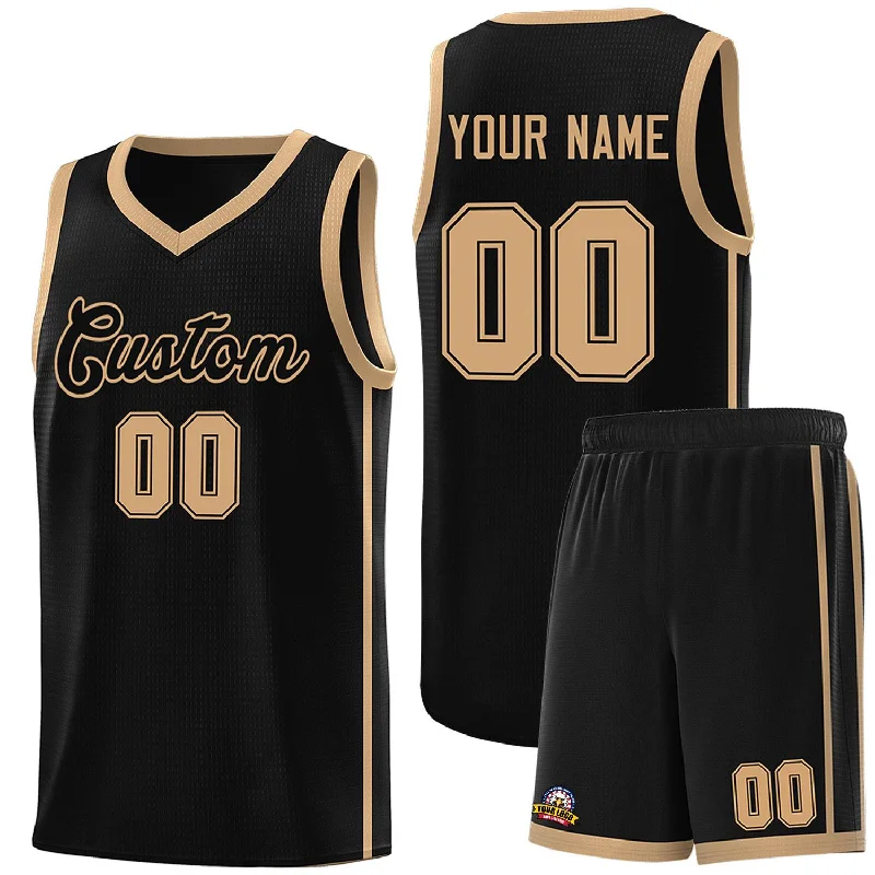 Basketball jersey with elastic waistband for comfort-Custom Black Old Gold Side Two Bars Sports Uniform Basketball Jersey