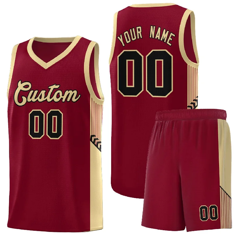 Basketball jersey with contrast stitching for style-Custom Crimson Khaki-Black Side Stripe Fashion Sports Uniform Basketball Jersey