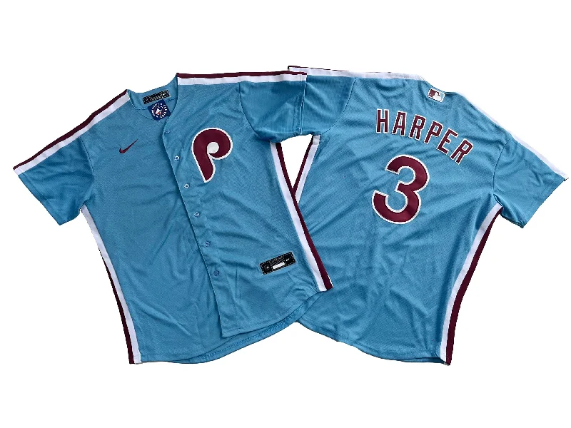 Vintage-inspired baseball jersey for retro style-Men's Philadelphia Phillies 3# Bryce Harper  Light Blue Player Jersey