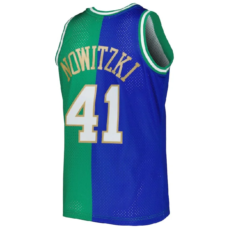 Custom basketball jersey for family and friends’ teams-D.Mavericks #41 Dirk Nowitzki Mitchell & Ness Hardwood Classics 1998-2019 Split Swingman Jersey Blue Green Stitched American Basketball Jersey