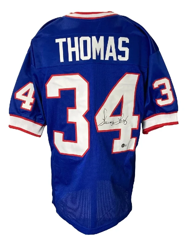 Custom soccer jersey for fan apparel-Thurman Thomas Buffalo Signed Blue Football Jersey BAS ITP