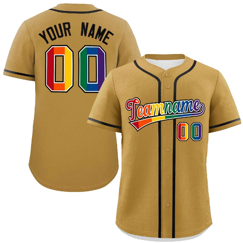 Custom baseball jersey for tournament competitions-Custom Old Gold LGBT Rainbow For Pride Month Classic Style Authentic Baseball Jersey