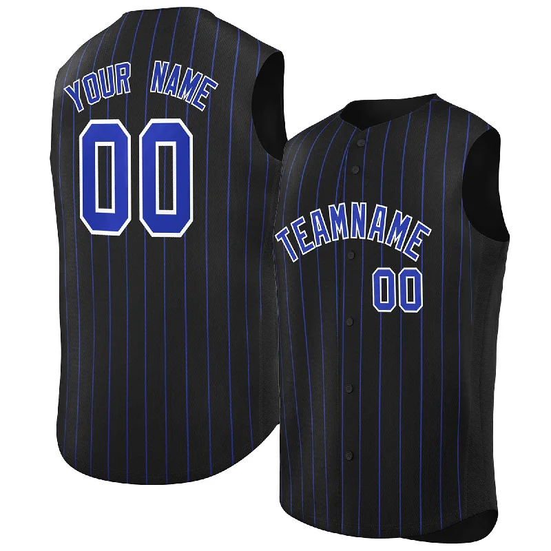 Custom baseball jersey with sponsor logos and patches-Custom Black Royal-White Sleeveless Stripe Fashion Baseball Jersey