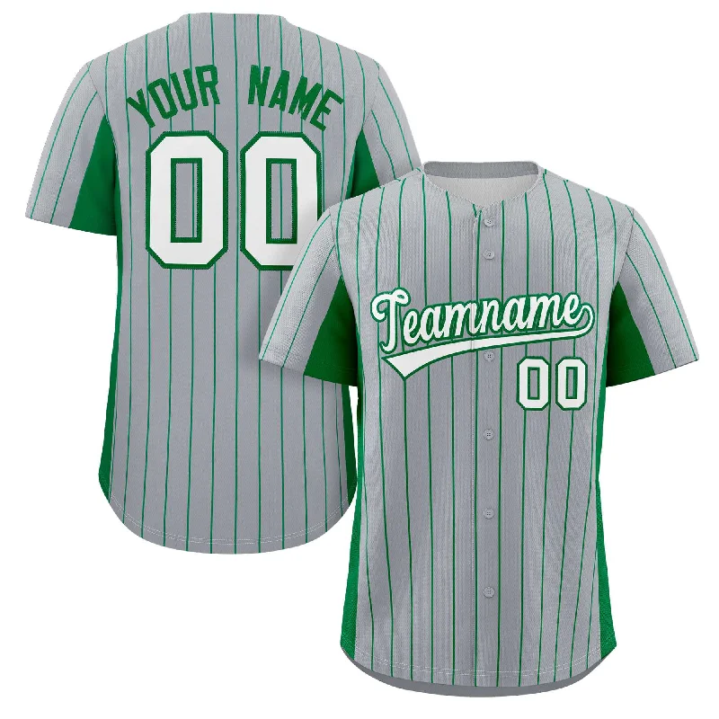 Baseball jersey for fall season with long sleeves-Custom Gray Kelly Green-White Stripe Fashion Design Full Button Authentic Baseball Jersey