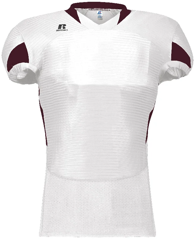 Sublimated rugby jerseys for team identity-Russell Waist Length White-Maroon Football Jersey