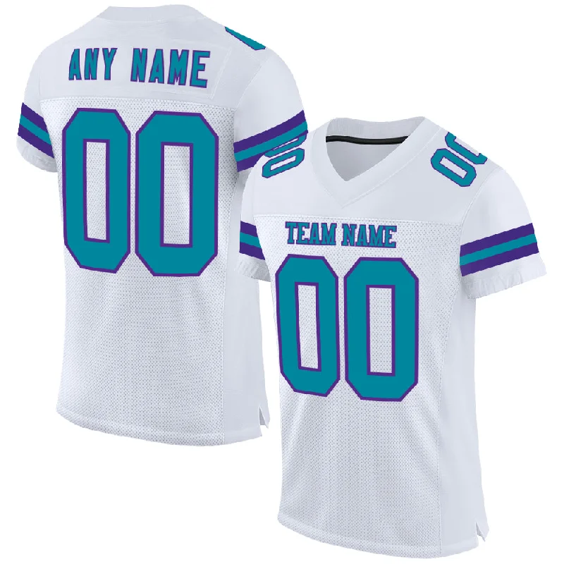 Personalized soccer jersey for casual wear-Custom White Teal-Purple Mesh Authentic Football Jersey