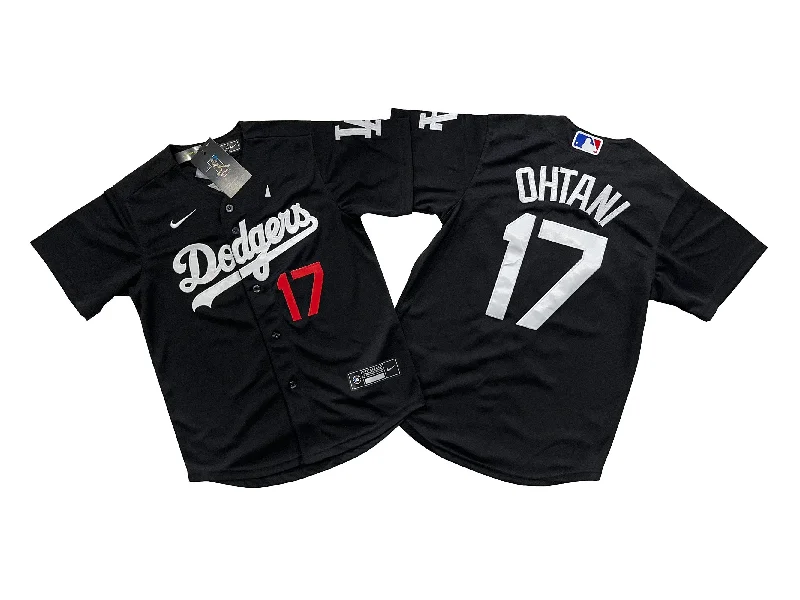 Baseball jersey with contrast stitching and piping-KID Youth Los Angeles Dodgers #17 Shohei Ohtani Nike Royal Black Jersey