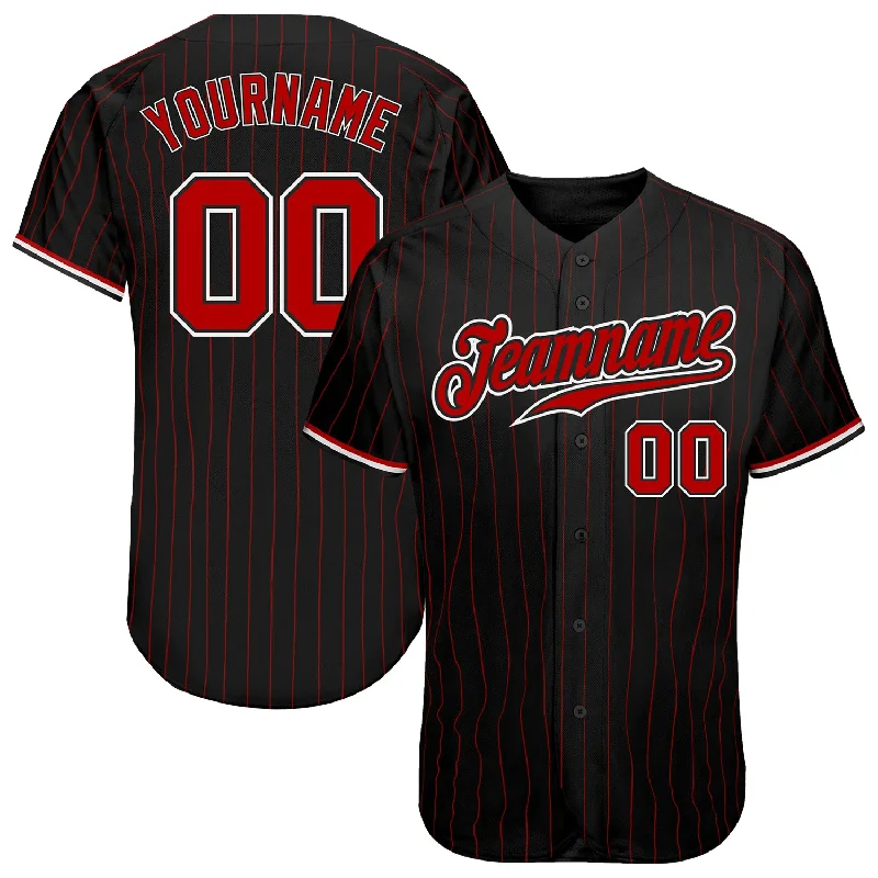 Custom team baseball jerseys with sponsor logos-Custom Black Red Pinstripe Red-White Authentic Baseball Jersey