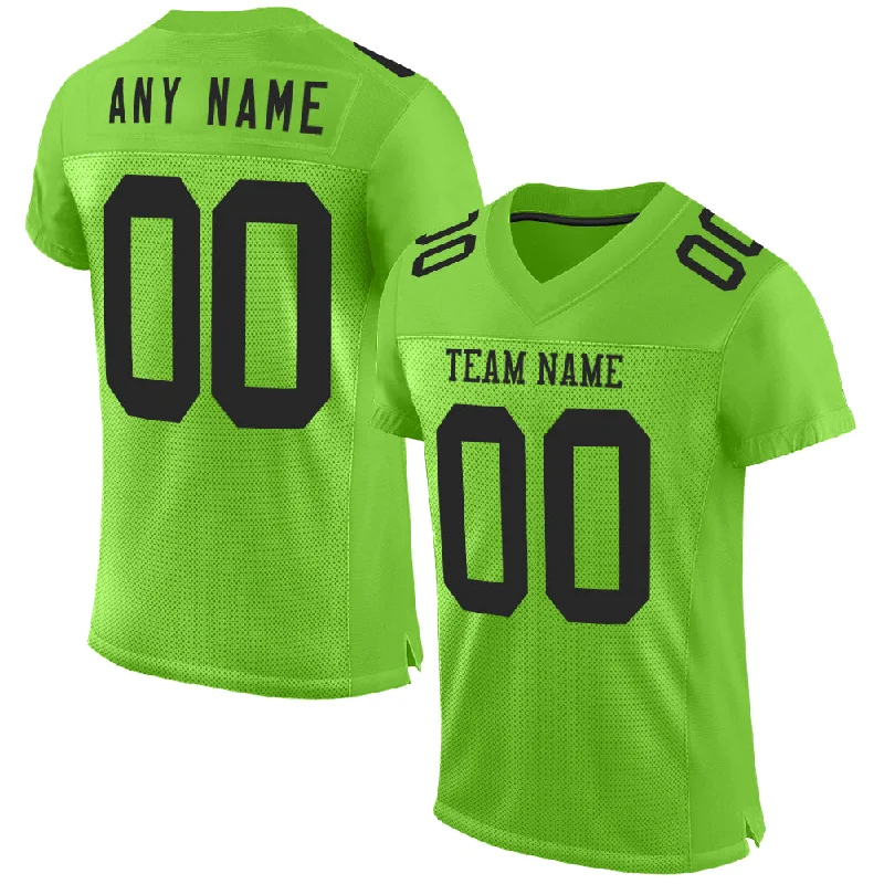 Soccer jersey with mesh inserts for ventilation-Custom Neon Green Black Mesh Authentic Football Jersey