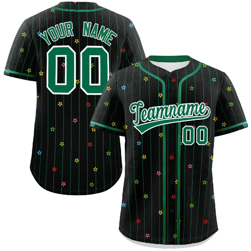 Baseball jersey with contrast trims and piping for style-Custom Black Kelly Green Stripe Fashion Personalized Star Pattern Authentic Baseball Jersey