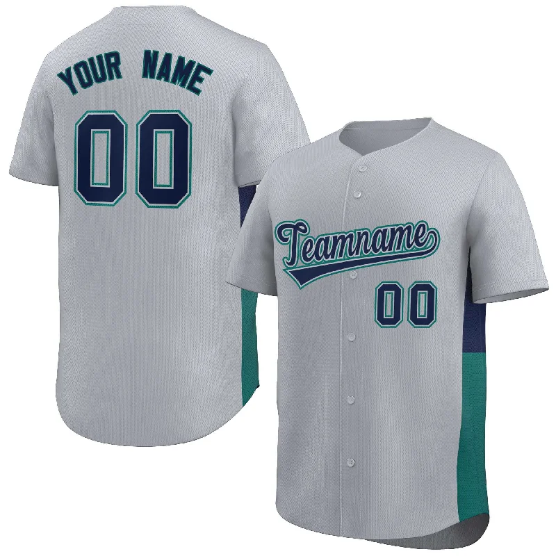 Personalized baseball jersey for sports clubs-Custom Gray Navy-Aqua Personalized Side Two-Tone Design Authentic Baseball Jersey