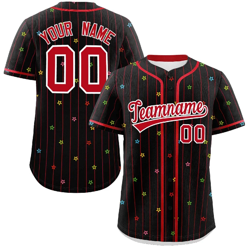 Baseball jersey for fans with team colors-Custom Black Red Stripe Fashion Personalized Star Pattern Authentic Baseball Jersey