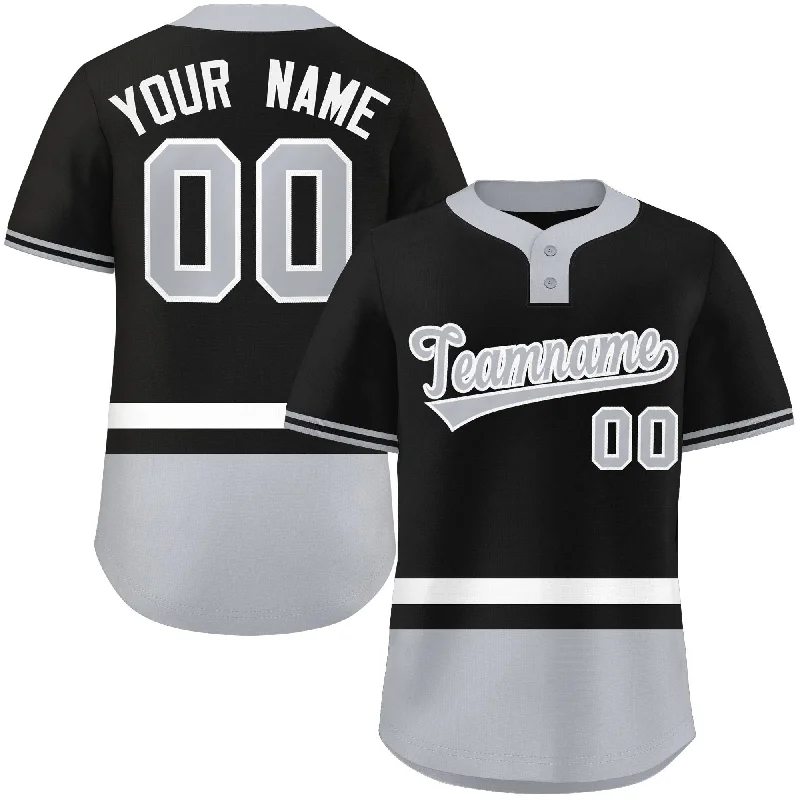 Custom baseball jersey for family team events-Custom Black White-Gray Color Block Personalized Authentic Two-Button Baseball Jersey