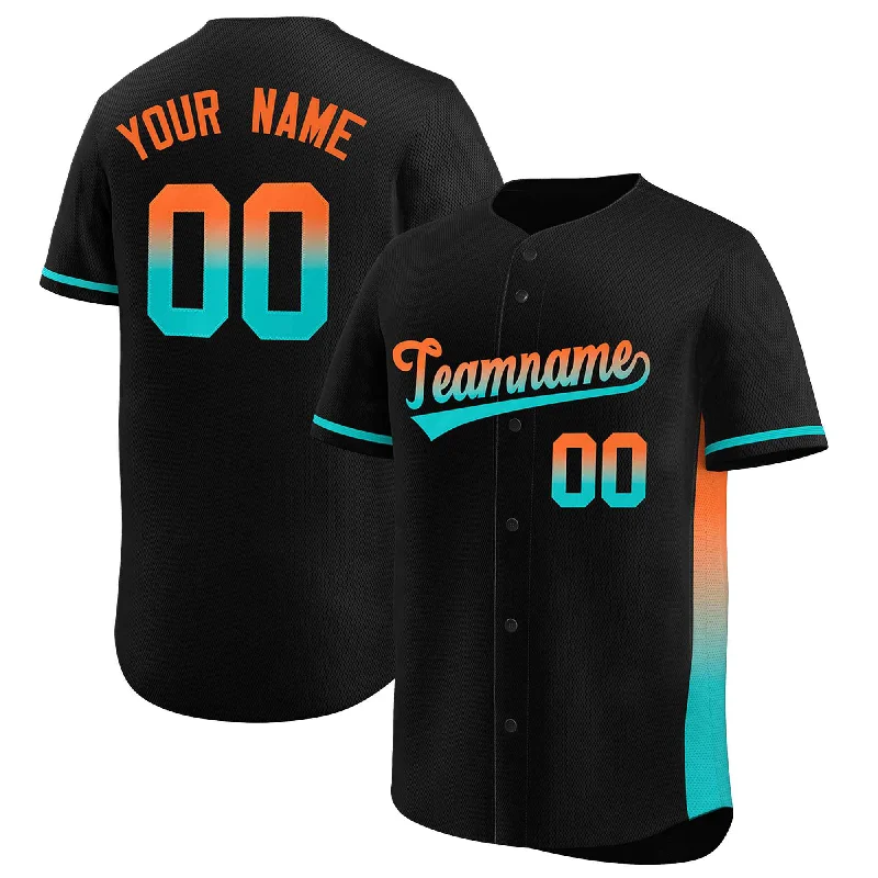 Youth baseball jersey with custom number-Custom Black Orange-Aqua Personalized Gradient Font And Side Design Authentic Baseball Jersey