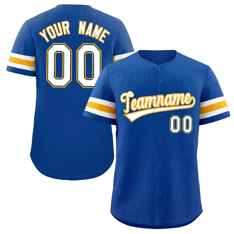 Baseball jersey with contrast trims and piping for style-Custom Royal White-Yellow Classic Style Authentic Baseball Jersey