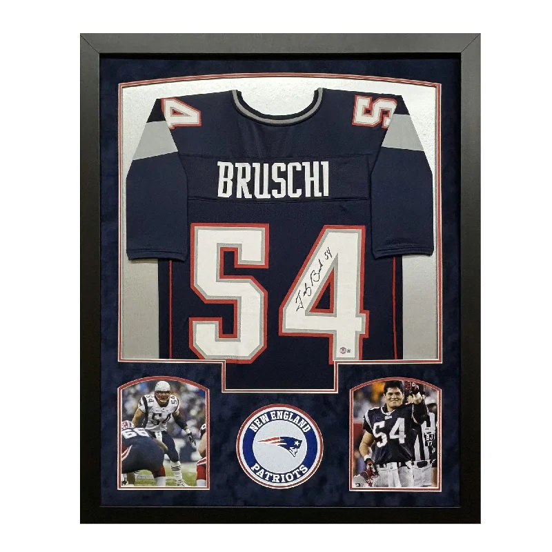 Custom soccer jersey with fully sublimated graphics-Tedy Bruschi Signed New England Blue Custom Suede Matte Framed Football Jersey (JSA)