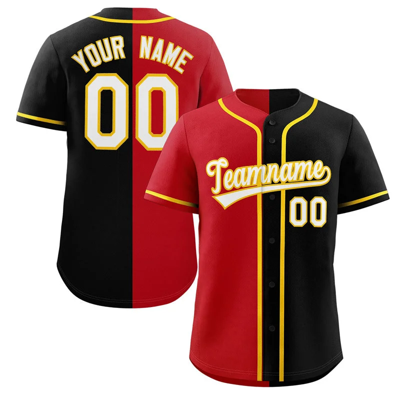 Custom baseball jersey for travel teams-Custom Black Red-Yellow Split Fashion Authentic Baseball Jersey