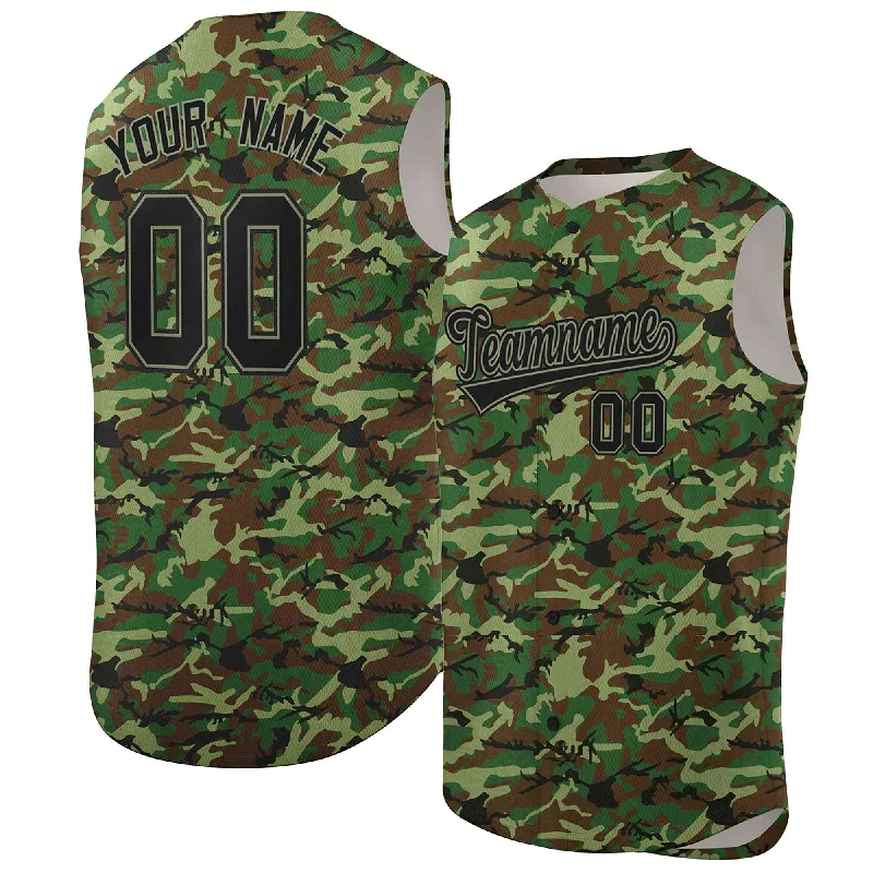 Baseball jersey for youth leagues and tournaments-Custom Brown Green-Black Camo Fashion Authentic Sleeveless Baseball Jersey