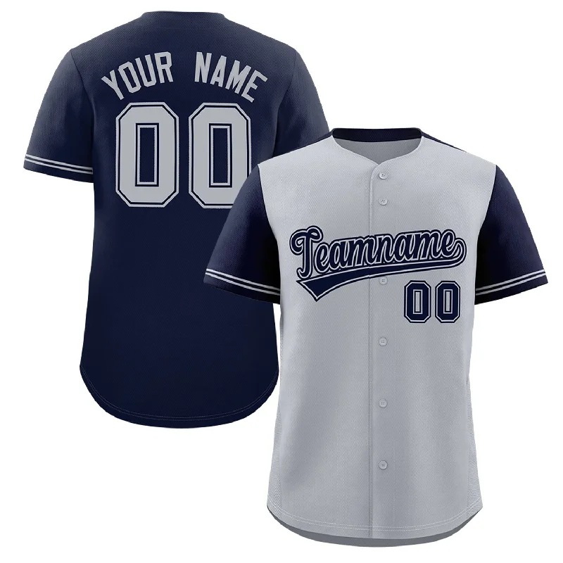 Soft cotton baseball jersey for casual wear-Custom Gray Navy Color Block Personalized Raglan Sleeves Authentic Baseball Jersey