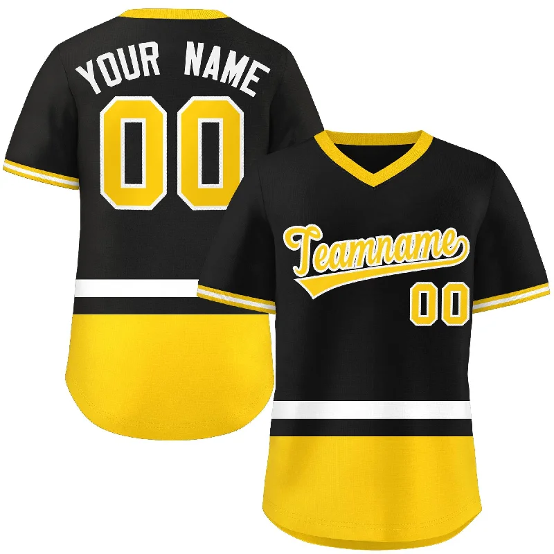 Custom baseball jersey for major league fan collections-Custom Black White-Gold Color Block Personalized V-Neck Authentic Pullover Baseball Jersey