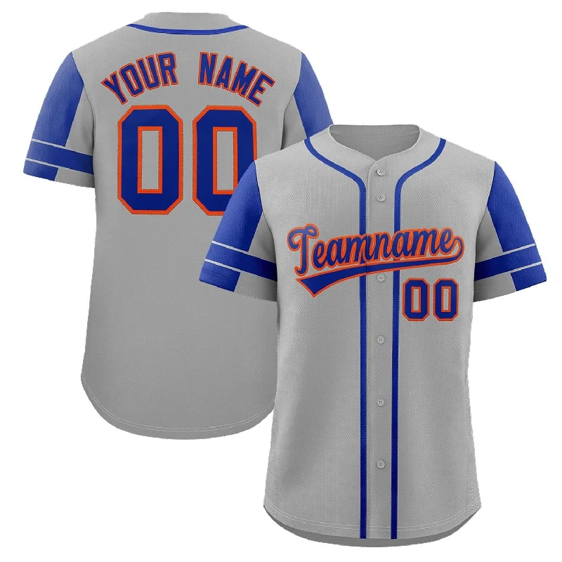 Team baseball jerseys with embroidered logos and lettering-Custom Gray Royal Personalized Raglan Sleeves Authentic Baseball Jersey