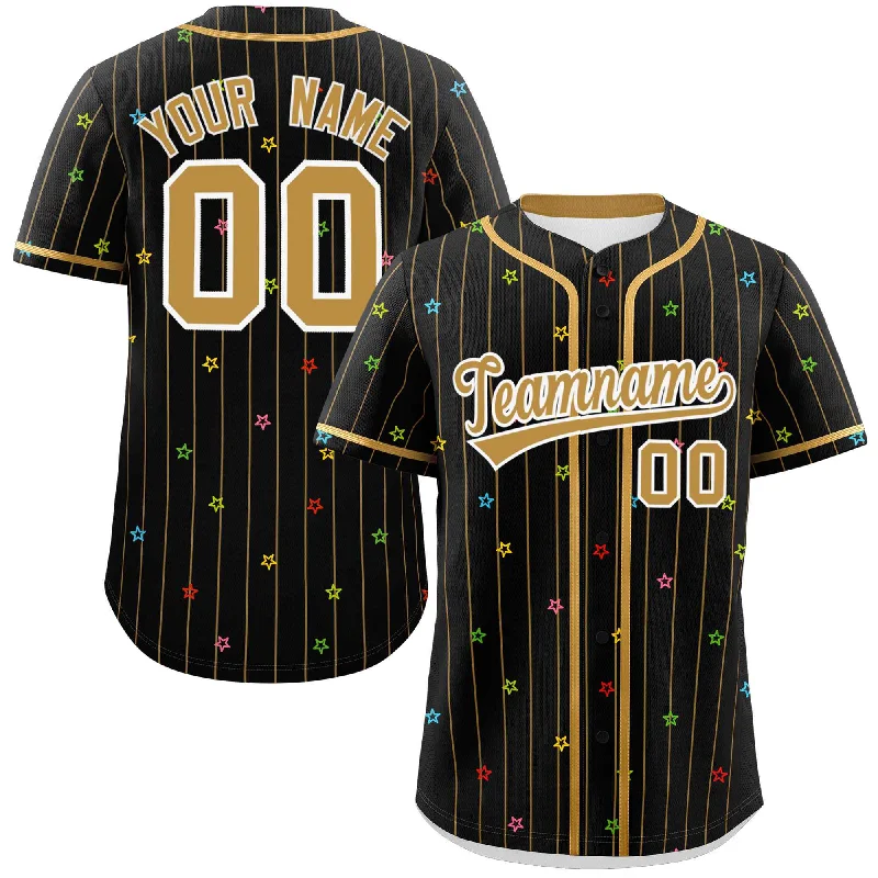 Custom baseball jersey for family team events-Custom Black Old Gold Stripe Fashion Personalized Star Pattern Authentic Baseball Jersey