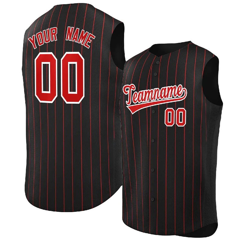 Personalized baseball jersey with front and back prints-Custom Black Red-White Sleeveless Stripe Fashion Baseball Jersey